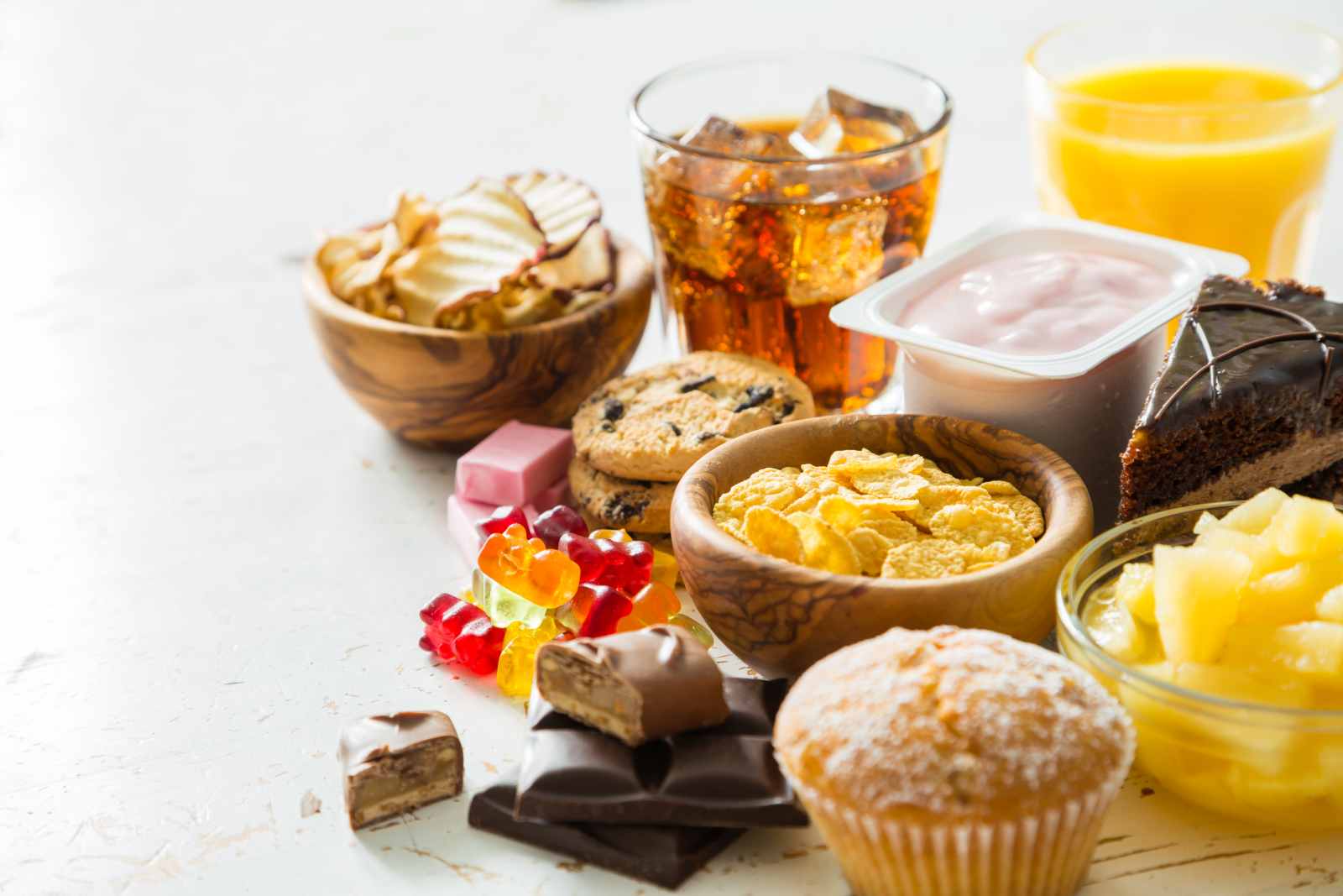 A selection of high sugar content food, which can cause cavities according to 21st Century Dental in Nashville, TN